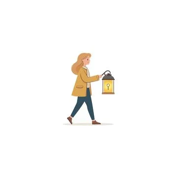 A lone figure with an old lantern traversing through a mysterious, unknown .. Stock Illustration