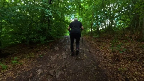 Lone figure walks through a lush forest trail. Kozji Kamen area, Serbia 스톡 동영상 341876649