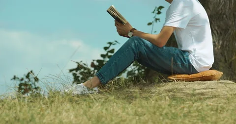 Lone guy in white t-shirt and hat reading book under tree in picnic area	 Stock Footage 137018651