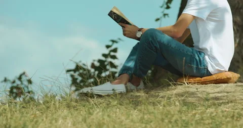 Lone guy in white t-shirt and hat reading book under tree in picnic area	 Stock Footage 137019911
