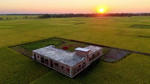 Lone House In Green Field Soft Sunrise 4K Drone Stock Footage 321728945