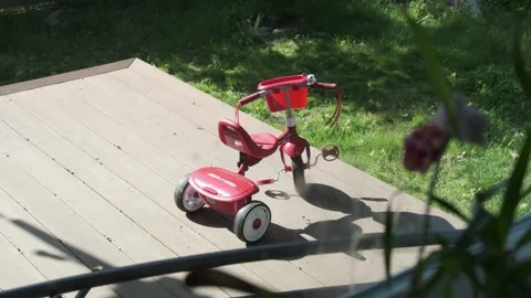 Lone kids bicycle on the deck in the backyard on a summer day. Stock Footage 307643790