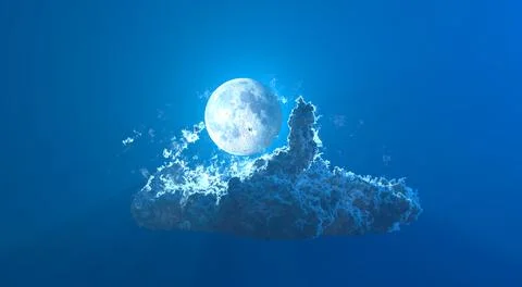 Lone large blue cumulus cloud and moon , cgi nature 3D rendering Stock Illustration