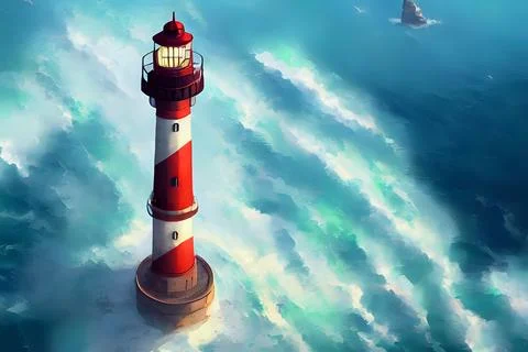 A lone lighthouse out in the ocean as waves roar through 库存插图