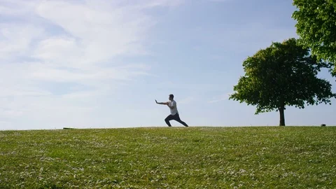 Lone man practicing martial art of tai chi outdoors in the countryside Vidéo 75607659