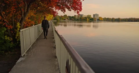 Lone Man Walking Along Lakeside Path Beneath Vibrant And Very Colorful Fall Stock Footage 333488189