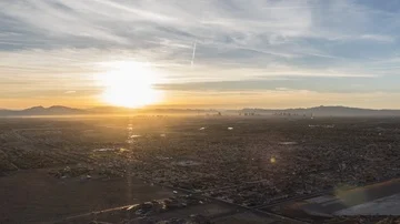 Las Vegas Sunset Aerial View With Mountain. Viewed From Top Of