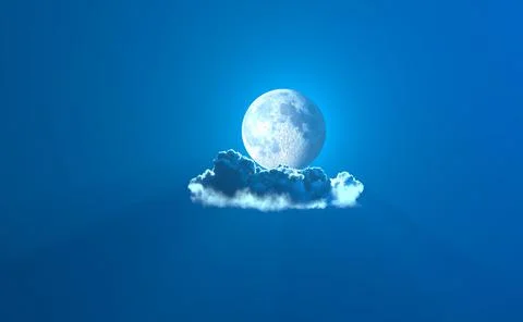 Lone night cumulus cloud with moon , nature 3D rendering Stock Illustration