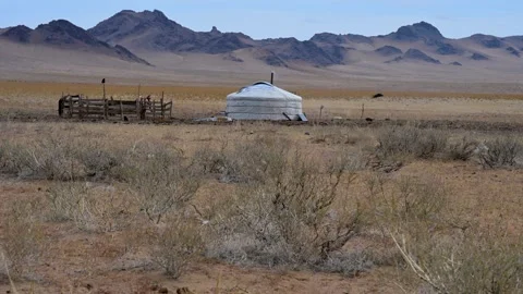 Lone nomadic ger, a remote outpost on the vast Mongolian plains with rugged 스톡 동영상 318512371