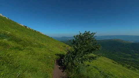 Lone path winds through sunlit grass. Mount Rtanj, Serbia Vídeo Stock 342315419