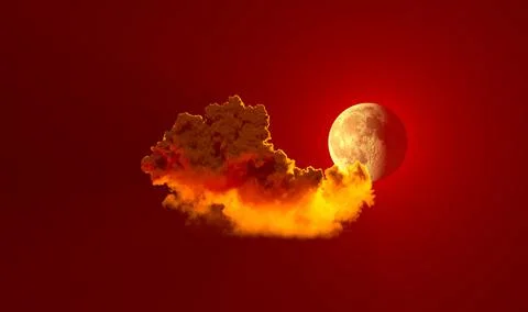 Lone red cumulus cloud with moon , concept nature 3D rendering Stock Illustration