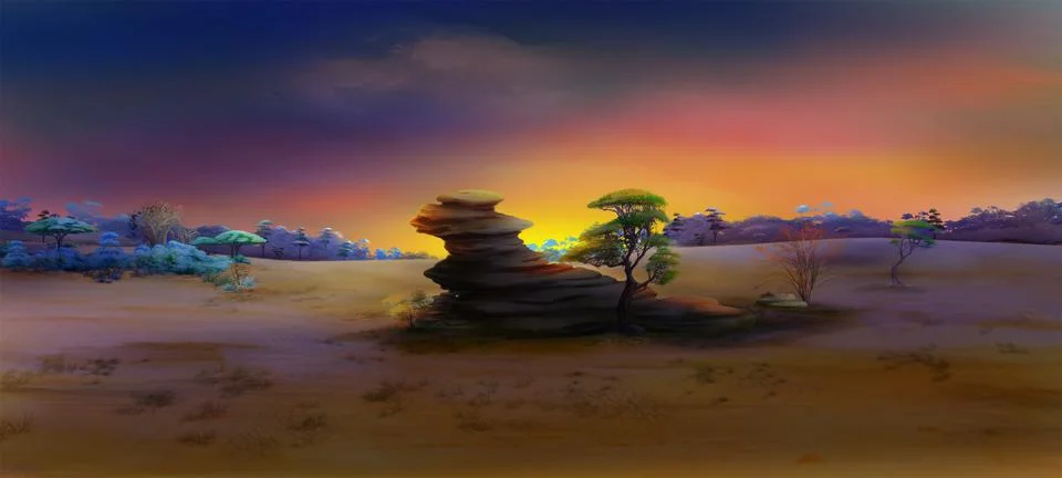 Lone rock in african landscape at sunset Stock Illustration