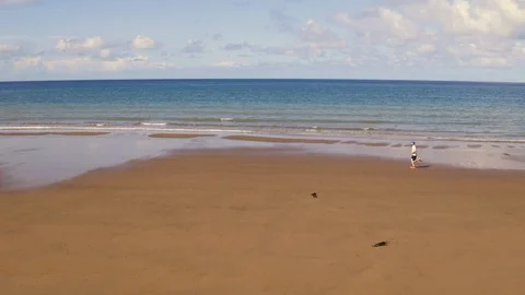 Lone runner on sandy beach. Drone, 4K Stock Footage 89795942