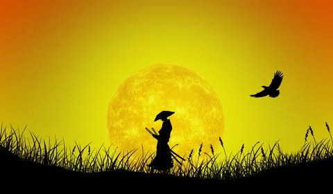 Lone samurai with straw hat walking in tall grass at golden sunset with an eagle Illustrazione stock