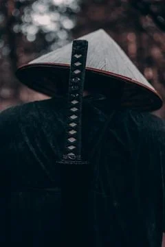 A lone samurai wanders through a dark forest, his trusty katana securely Stock Photos