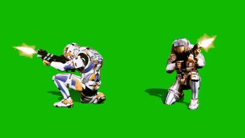 A lone soldier of the future attacks the enemy on the background of the green Stock Illustration