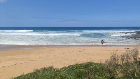 LONE SURFER PREPARING TO GO IN OCEAN ON SUNNY DAY AUSTRALIA 4K Stock Footage 237174559