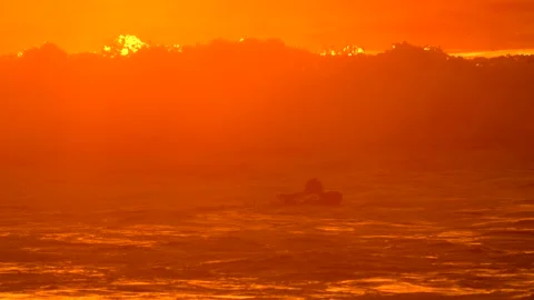 Lone swimmer diving under wave slow motion sunset Stock Footage 146875970