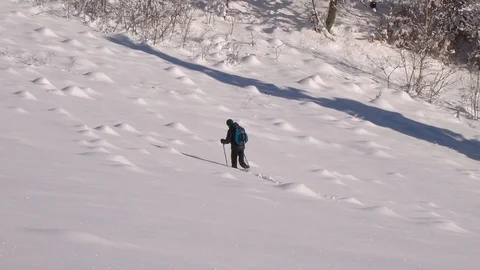 A lone tourist walks through the snow in a mountain forest. Traveler in the Stock Footage 100407053