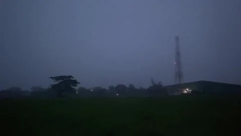 A lone tree and a base station in a cloudy morning during a Typhoon season. Video stock 260942929
