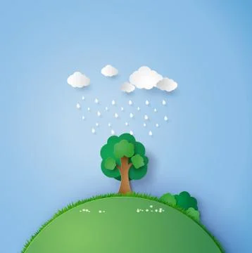 A lone tree in the field with the rain and cloud. Stock Illustration