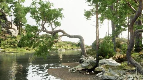 A lone tree gracefully leaning over a serene body of water Ilustração Stock