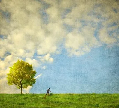 Lone tree with human figure running Stock Illustration