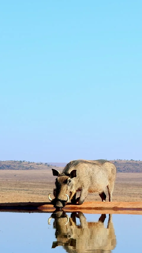 Lone warthog drinking at sunrise with reflection in waterhole 動画素材 342602592