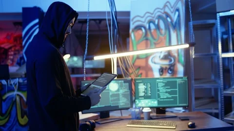 Lone wolf hacker in hideout trying to avoid being detected, using tablet Stock Footage 319521970