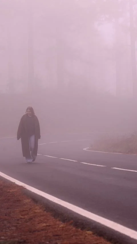 Lone Woman Walking Down Empty Foggy Road Stock Footage 345781025