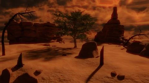 Lonely acacia tree in the desert in the dramatic cloudy sky Stock Illustration