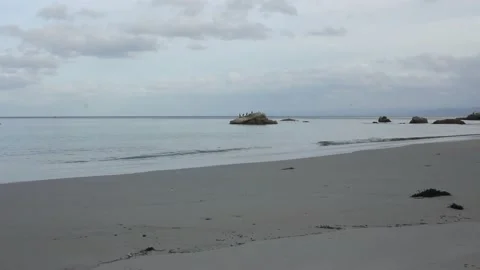Lonely and cold beach in Burela, in the Cantabrian coast of Spain Stock Footage 236941346
