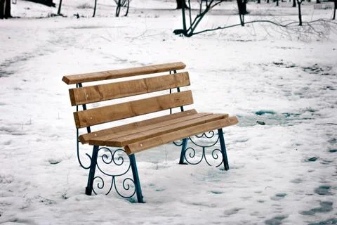 Lonely Bench in the Park Covered by Snow in Winter 库存照片