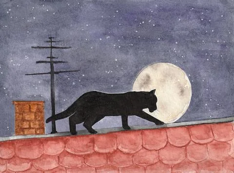 Lonely Black  Cat at spring romantic love, look for pair on roof at  moon  ni Stock Illustration