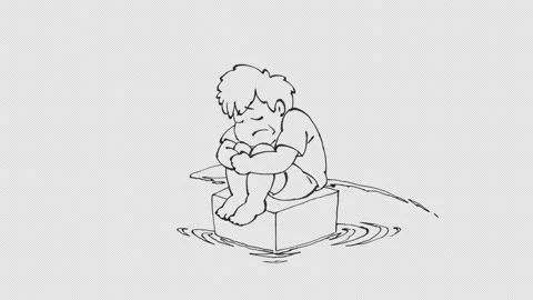 Lonely Boy Sitting On Box Floating With Shark Circling Loop With Transparent Video stock 347586287