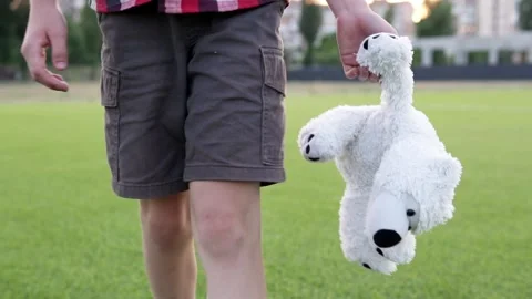 Lonely boy with toy teddy bear in park on green field. Stock Footage 283989014