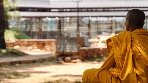 Lonely Buddhist Monk View From The Back Stock Photos