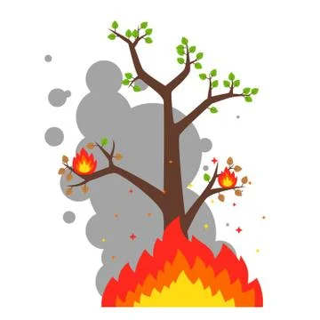 Lonely burning tree on a white background. destruction of the forest by fire. Illustrazione stock