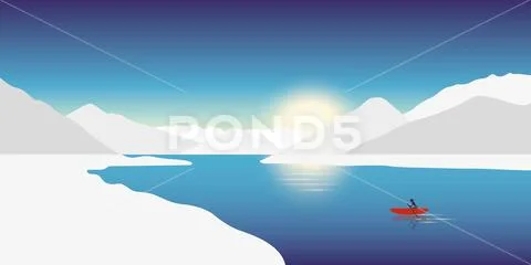 Lonely canoeing adventure concept red boat in a winter landscape with snowy Stock Illustration