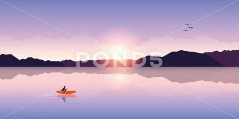 Lonely canoeing adventure with orange boat at sunrise on the lake Stock Illustration