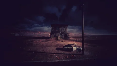 Lonely desert structure with storm clouds overhead and distant lightning Stock Footage 334333022