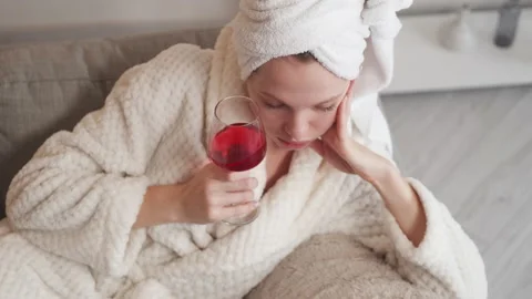 Lonely drink home depression sad woman glass wine Stock Footage 201737176