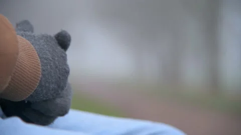 Lonely Elderly Hands Wearing Gloves on Foggy Morning Stock Footage 147902384
