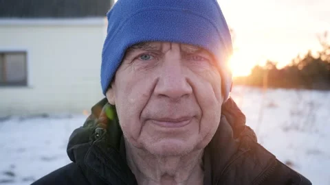 Lonely Elderly Old Man Looks Calm Sadness At Camera On Street In Winter Stock-Footage 233815949