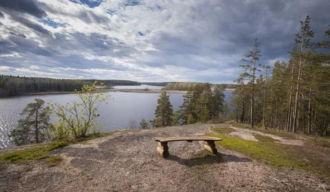 Lonely empty bench overlooking the lake from the in autumn 写真素材