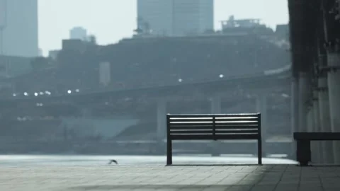 Lonely Empty Bench Overlooking Road Bridge - Cobblestone Ground Stock Footage 345861222
