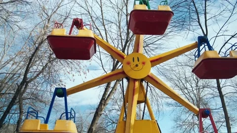 Lonely empty carousel old abandoned amusement park. Loneliness concept of child Stock Footage 151924368