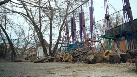 Lonely empty carousel old abandoned amusement park. Loneliness concept of child Stock Footage 151925815