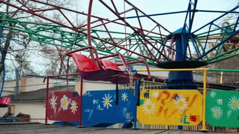 Lonely empty carousel old abandoned amusement park. Loneliness concept of child Stock Footage 151925915