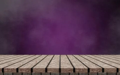 A lonely empty wooden table on a dark purple and smoke background to simulate Stock Illustration